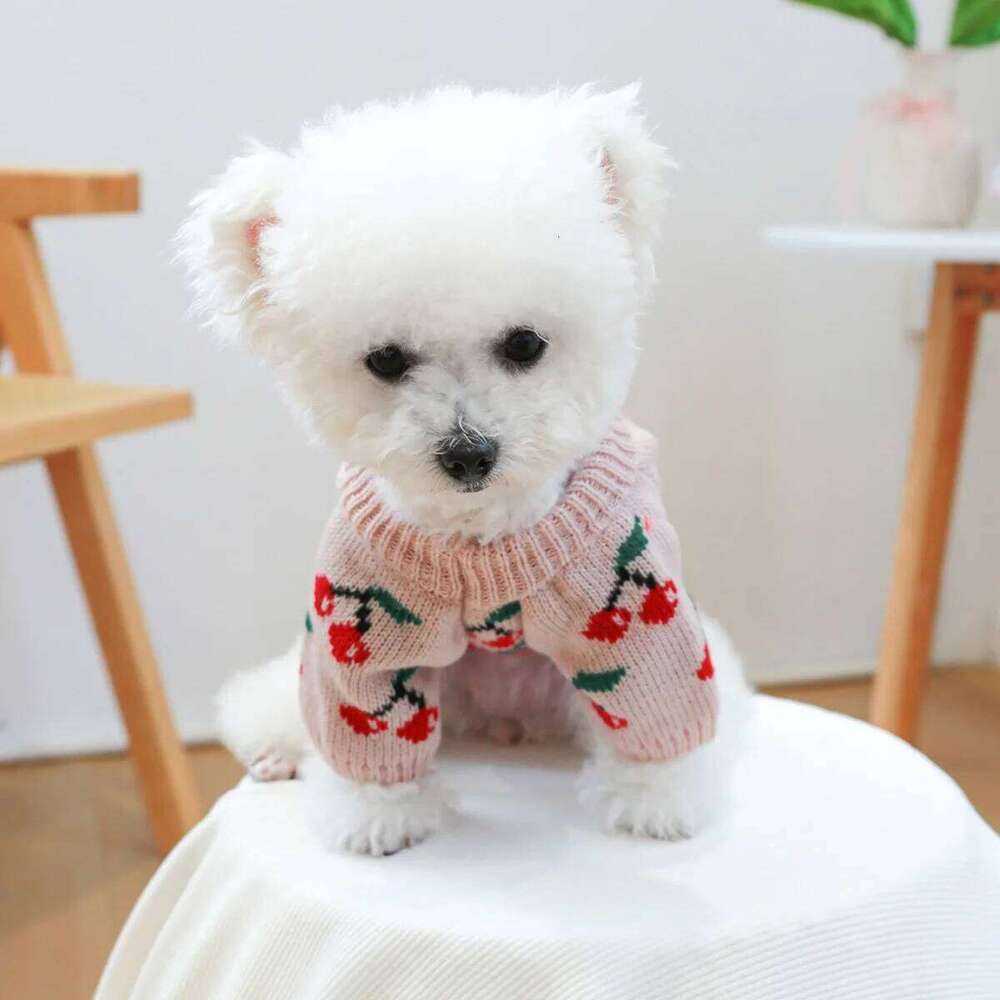 1Pc Pet Clothes Dog Cat Thickened Warm Winter Autumn Pink Cherry Elastic Jumper Knitted Sweater