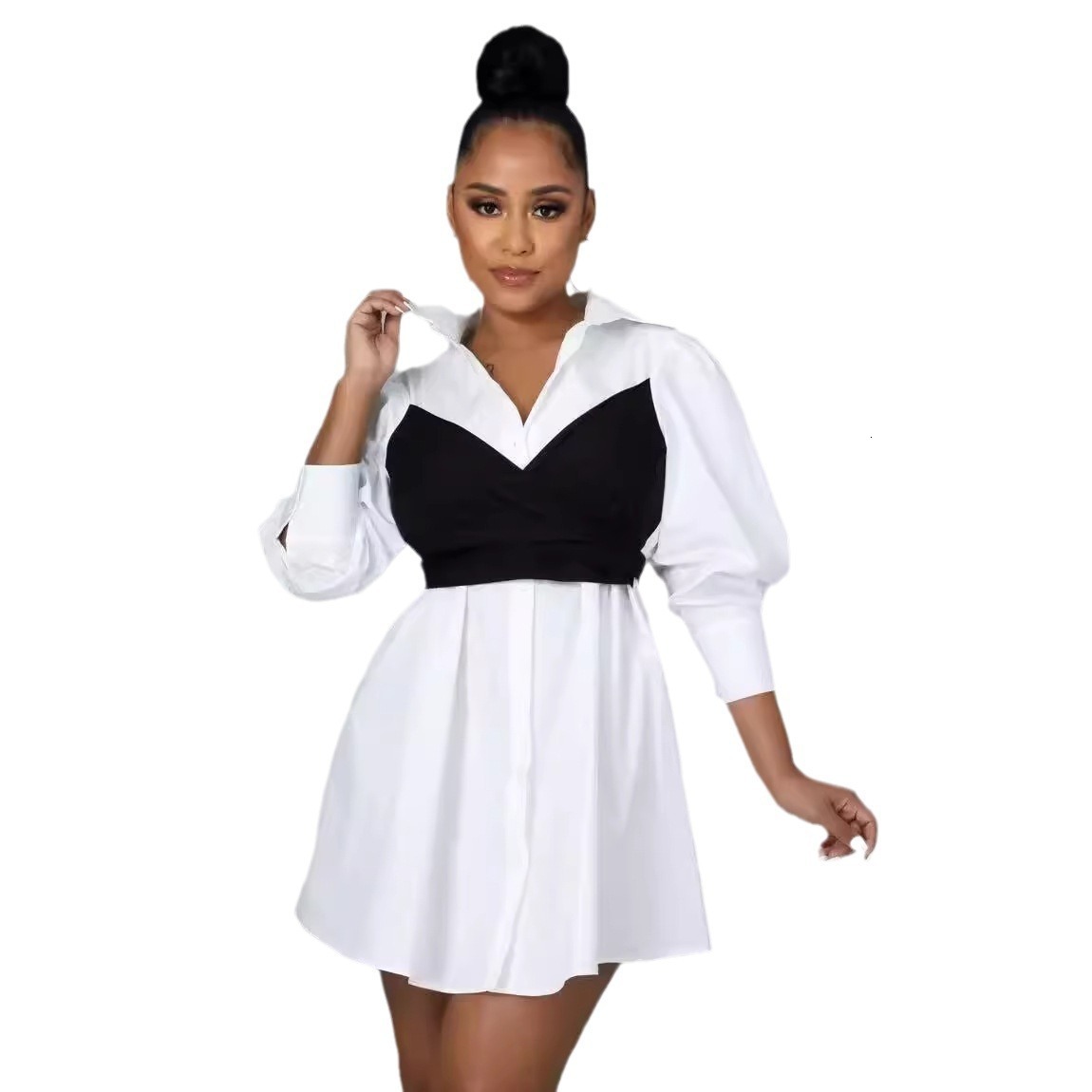 Plus Size Autumn Mini Shirts Dress Women Bow Fashion Patchwork Long Sleeve Ladies Dresses Pleated Ruffle Office Woman Dress 240806
