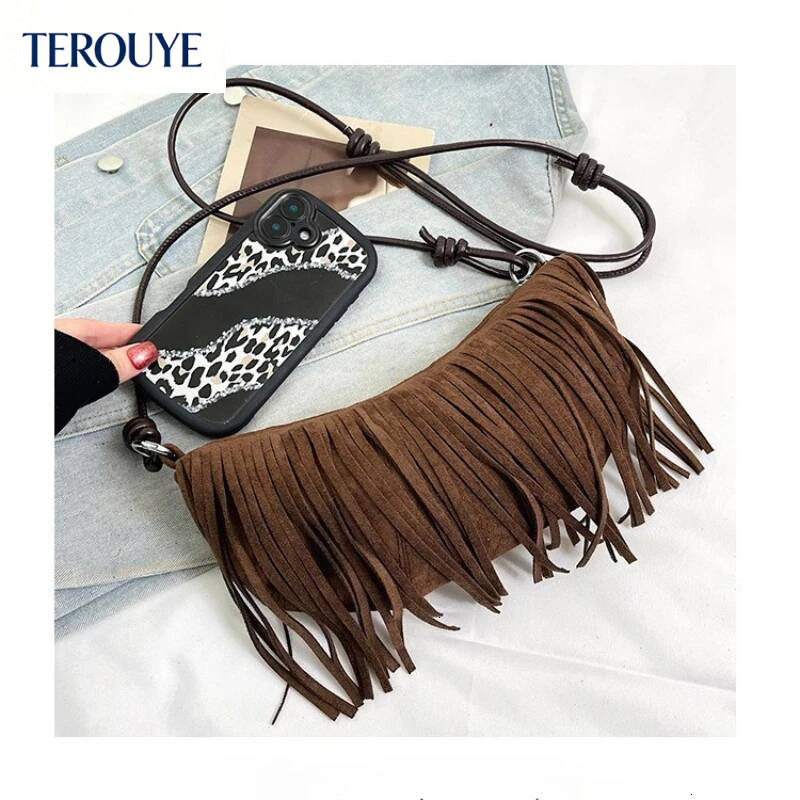 TEROUYE Korean retro style suede armpit bag autumn and winter new collection tassel elegant luxury bag trend versatile women's shoulder bag fashi