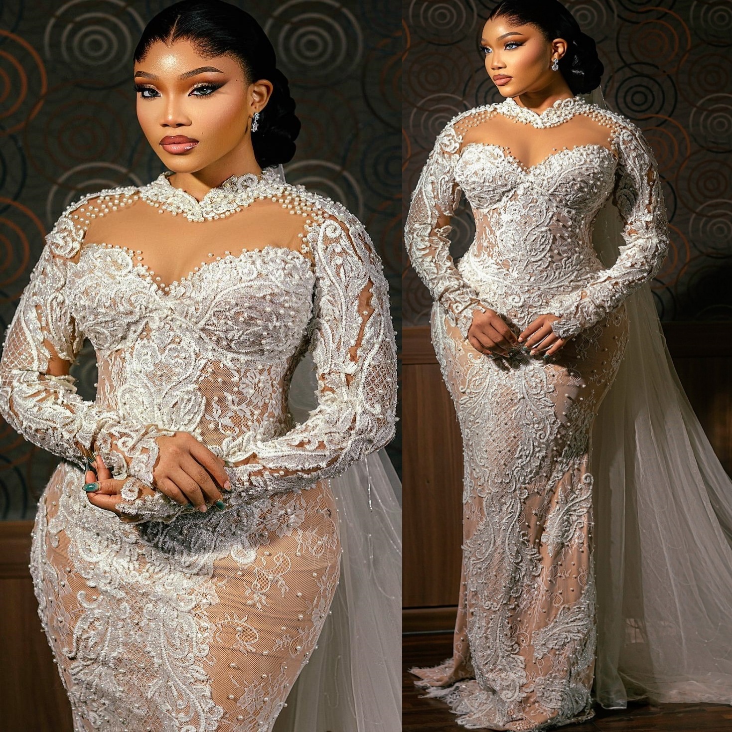 African Aso Ebi 2026 Ivory Mermaid Wedding Dress Pearls Illusion Lace Full Sleeves Sheer Neck Vintage Bridal Gowns Dresses ZJ234