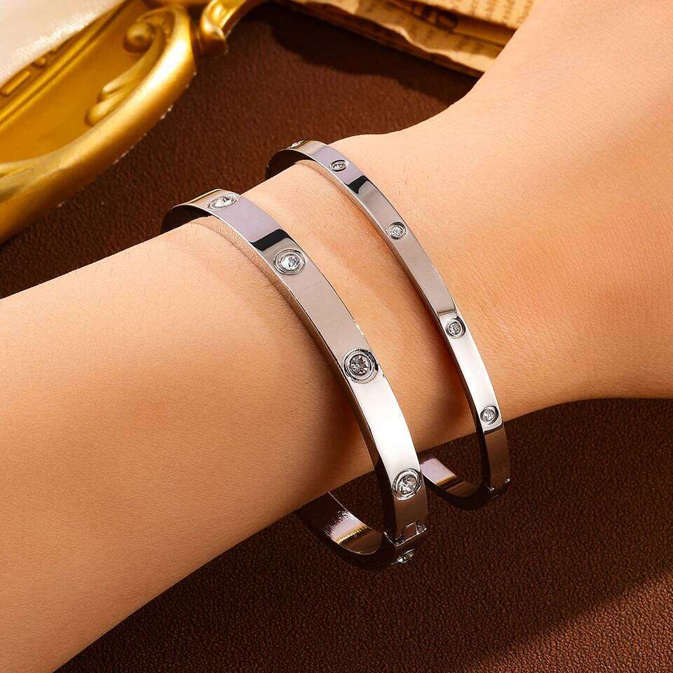 Minimalist Stainless Steel Bracelet With Round Zircon Inlay Fashion Jewelry Accessory Silver/Gold/Rose Gold For Daily Wear Gifts XJ260127