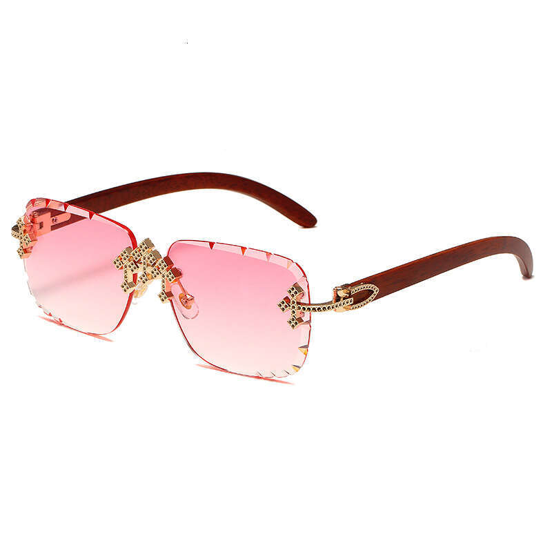 Sunglasses Cross Diamond Accented Rimless Metal Frame with Starry Sky Design and Wood Grain Temples for Driving and Vacation High Quality Texture