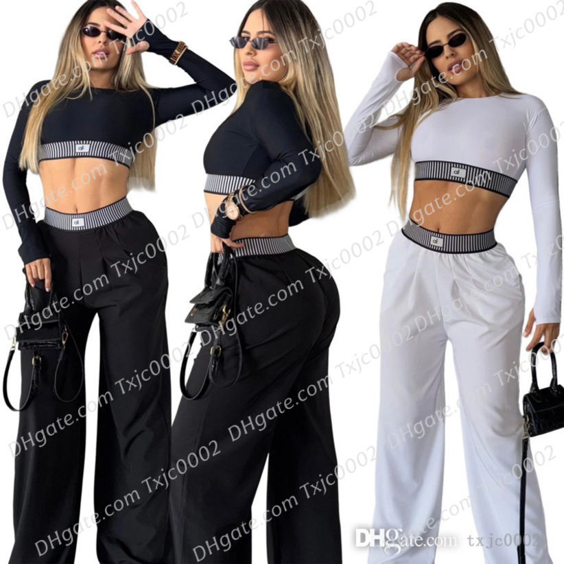 Women Tracksuits Two Pieces Set Designer New Autumn Winter Fashion Long Sleeve Sexy Crop Top High Waist Loose Casual Straight Wide Leg Pants Set 13 Colors
