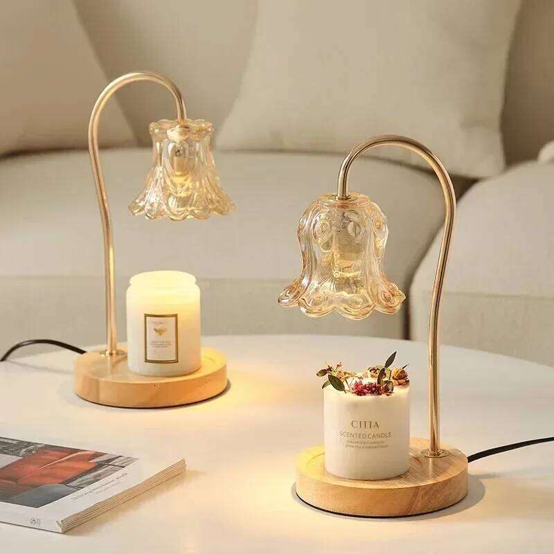 with 2 Bulbs Soft Brightness Create Ambiance in Any Room Modern Glass Flower Candle Lamp Warmer Wood Base Z260127