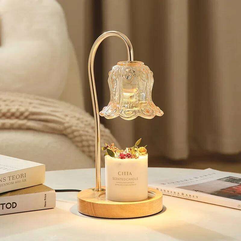 with 2 Bulbs Soft Brightness Create Ambiance in Any Room Modern Glass Flower Candle Lamp Warmer Wood Base Z260127