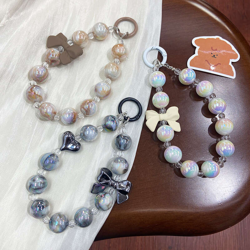 Korean Style Bowknot Handheld Chain Fashion Gradient Phone Case Shockproof Pendant Electroplated Two-tone Beaded Decoration S260126 7b7