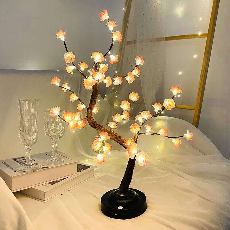 LED Light, Pink Table Lamps, Battery/USB Powered Artificial Flower Bonsai Tree Lamp,for Gifts Room Office Party Deco Z260127