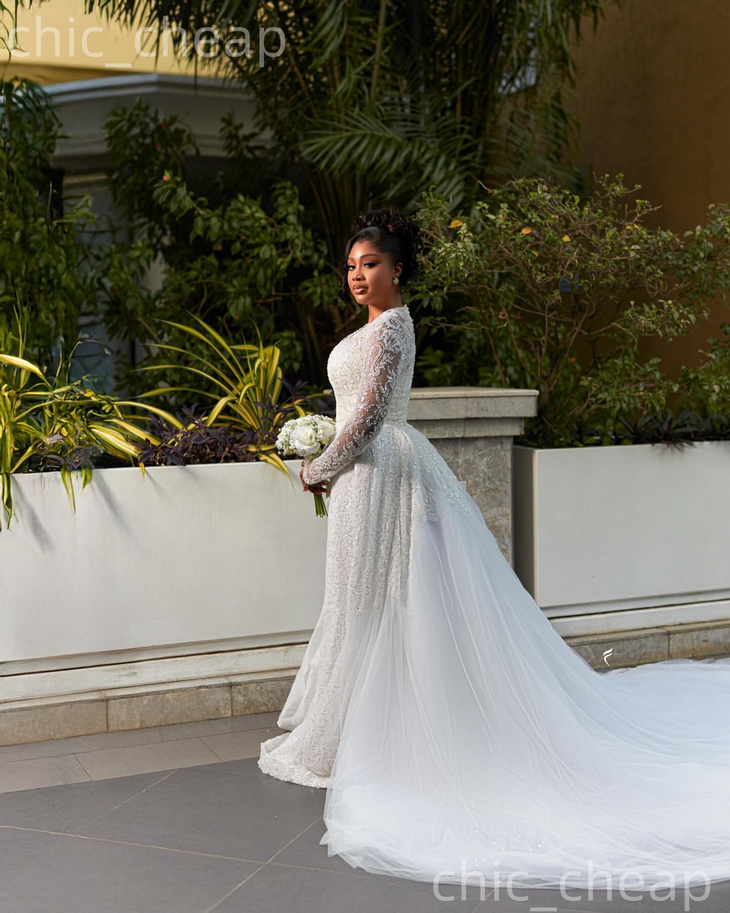 African Aso Ebi 2026 Ivory Mermaid Wedding Dress Sheer Neck Full Sleeves Sequined Detachable Train Gorgeous Vintage Bridal Gowns Dresses ZJ237