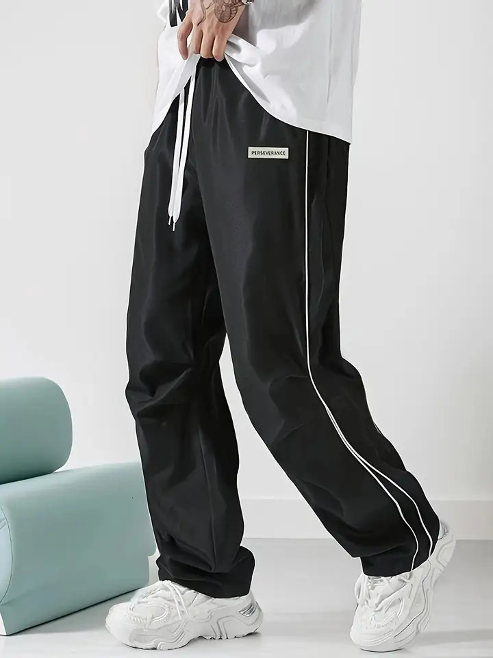 Mens Regular Plain Sports Straight Pants with Drawstrings and Elastic Waistband Reflective Webbing Suitable for Daily Leisure Street Basketball Fitnes