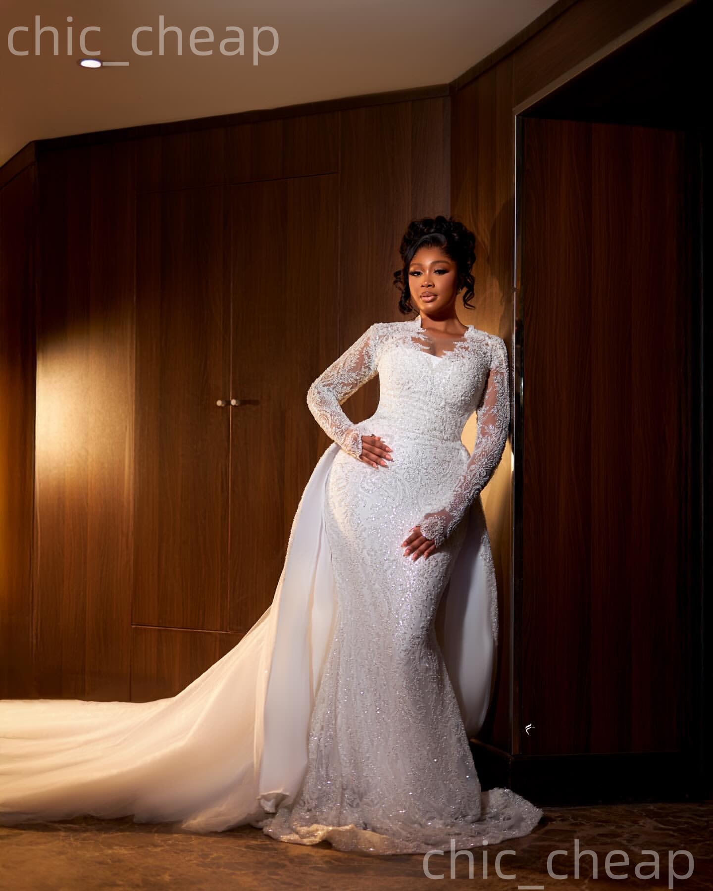 African Aso Ebi 2026 Ivory Mermaid Wedding Dress Sheer Neck Full Sleeves Sequined Detachable Train Gorgeous Vintage Bridal Gowns Dresses ZJ237