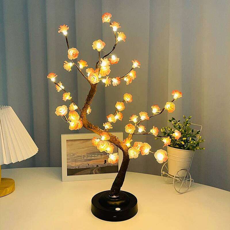 LED Light, Pink Table Lamps, Battery/USB Powered Artificial Flower Bonsai Tree Lamp,for Gifts Room Office Party Deco Z260127