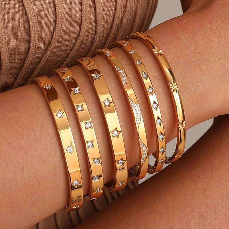 Open Adjustable Star Starburst Cuff Bangle Bracelet for Women Stainless Steel Cubic Zirconia Inlay Charm Layered Jewelry XJ260127