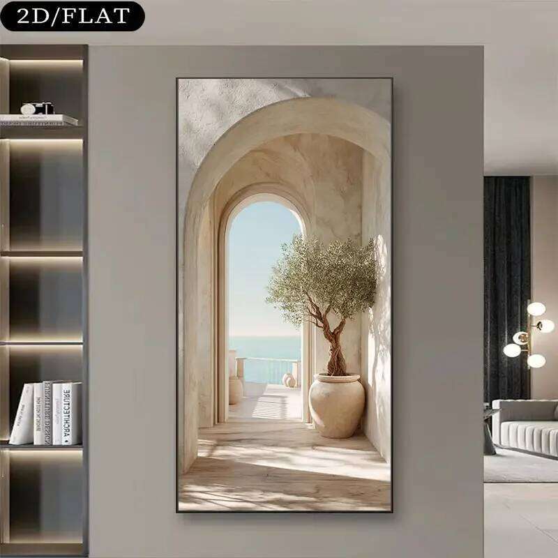 Large Frameless Coastal Mediterranean Olive Tree Arch Canvas Print - Island Inspired Beige & White Greek Vibe Wall Art, 31 26H0127 - view 4