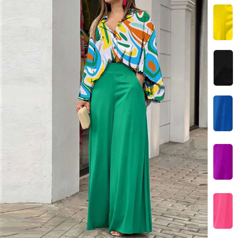 Spring new cross-border European and American women's printed shirt temperament elegant wide-leg pants fashion casual suit L260127