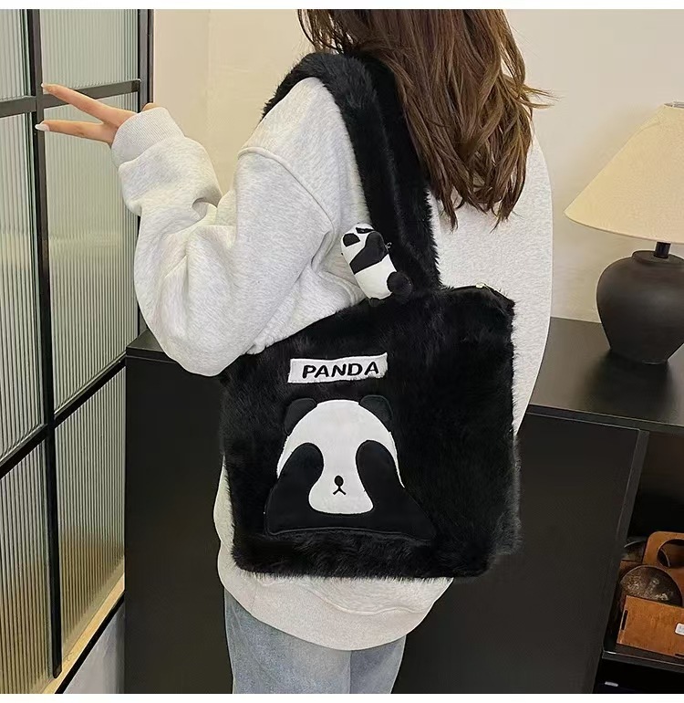 Cross-Border Supply Style Panda Backpack Cute Large Capacity Plush Shoulder For Girls College Students Tote Bag