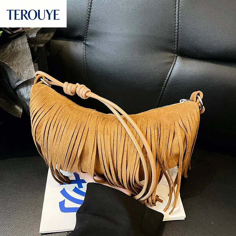 TEROUYE Korean retro style suede armpit bag autumn and winter new collection tassel elegant luxury bag trend versatile women's shoulder bag fashi