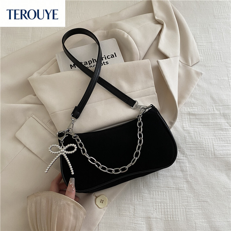 TEROUYE Korean suede niche design chain handbag autumn and winter new women's armpit bag fashionable and simple design bow