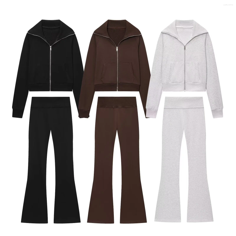 Women's Hoodies 2026 Autumn Casual Lapel Long-Sleeved Zipper Fleece Jacket High-Waisted Terry Flared Trousers