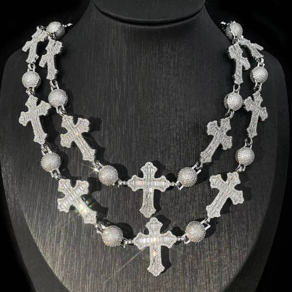 Moissanite Iced Out Bling Cool Hip Hop Men Boy Jewelry Full 5A Cubic Zirconia CZ Ball Cross Charm Chain Necklace