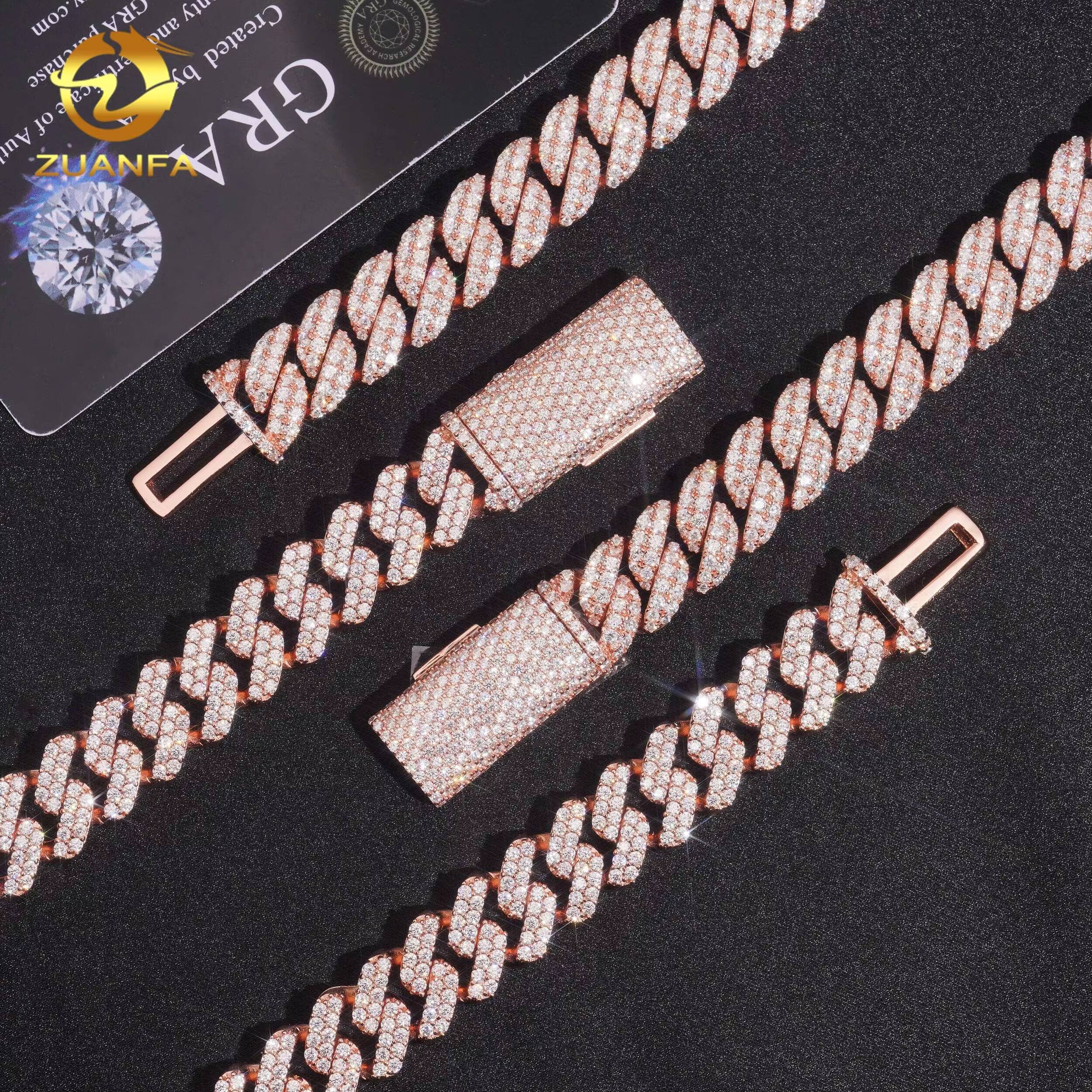 12mm Rose Gold 925 Silver Iced Out Jewelry Bracelet VVS D Moissanite Diamond Hip Hop Cuban Link Chain Necklace GRA Certificate
