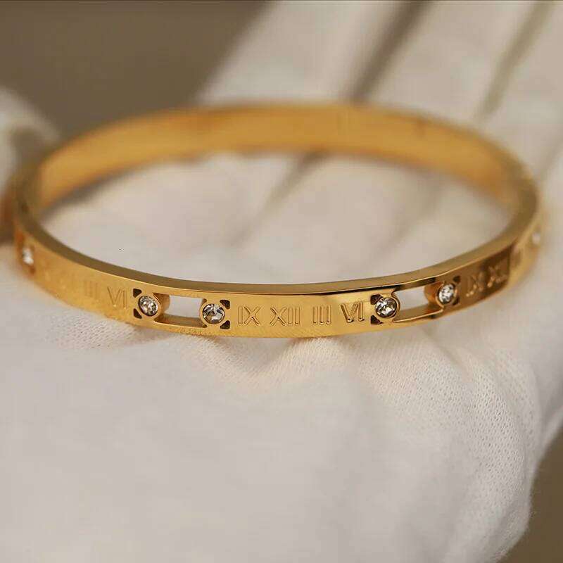 316L Classic Stainless Steel Metal Roman Nunber for Women Elegant Crystal Bangles Rust-proof Bracelets Wrist Jewelry XJ260127