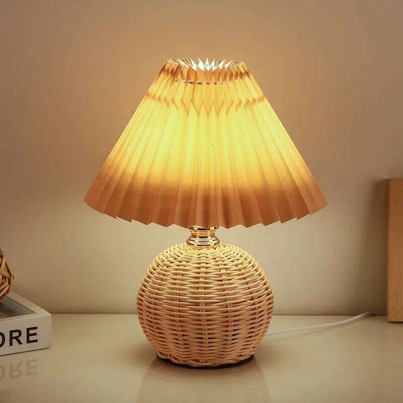 Pleated Rattan LED Living Room Table Standing Study Desk Bedside Lamp Home Office Decoration Night Light Z260127