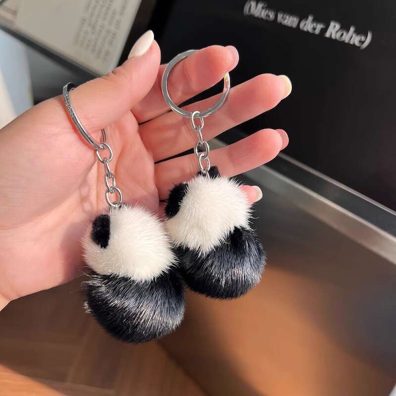 Cute Real Mink Fur Little Panda Car Keychain Pendant Plush Doll Backpack Decoration Small Gift S260126 730