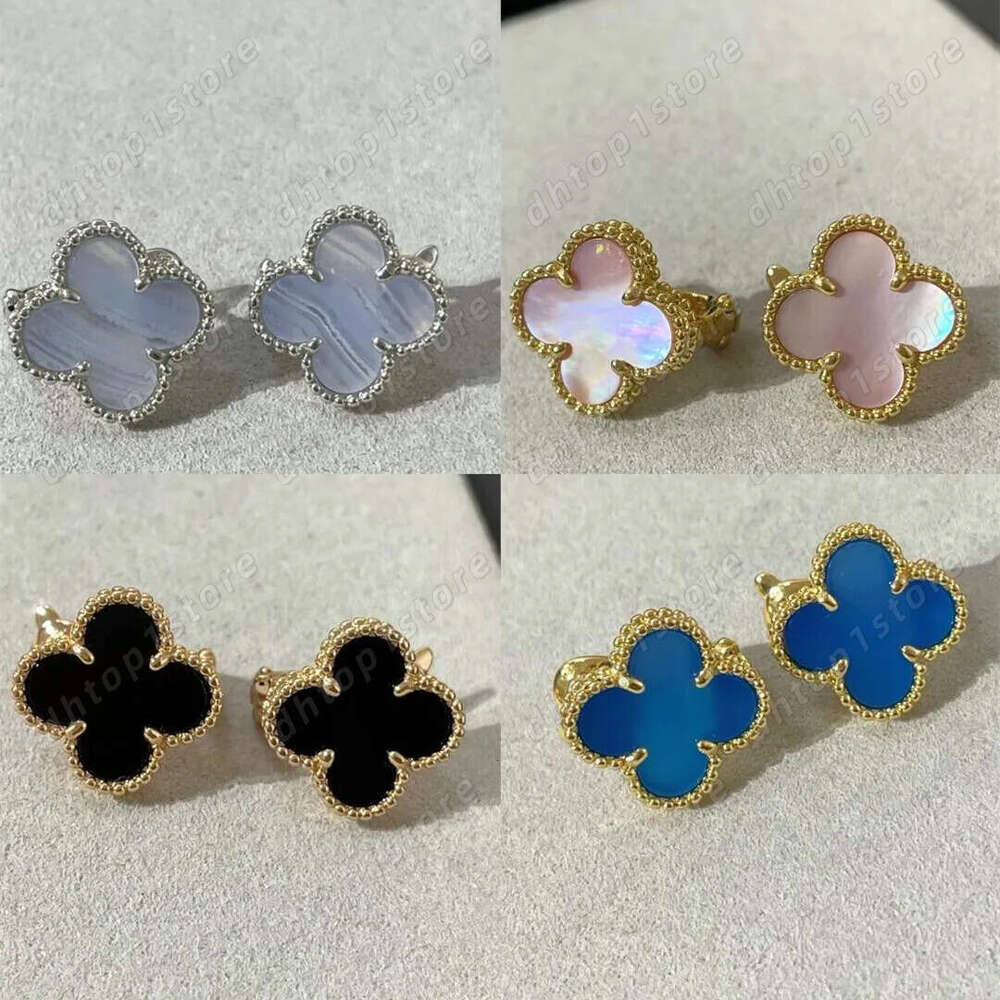 Women Jewelery vanly cleef earrings Four-leaf Clover Ear Clip Thick Plated Micro Inlaid with Diamond Mother-of-Pearl Chalcedony Agate Laser 225