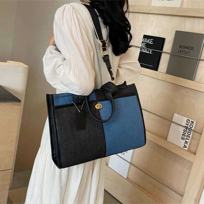Denim Handbag Female 2026 New Fashion Color Collision Splicing Single Shoulder Crossbody Commuter Casual Tote Bags