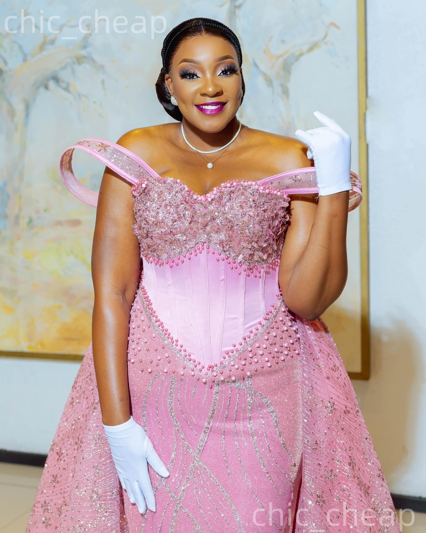 Aso Ebi Pink Mermaid Prom Dresses 2026 Pearls Crystals Detachable Train Evening Formal Party Second 50's Birthday Engagement Gowns Dress For Spec