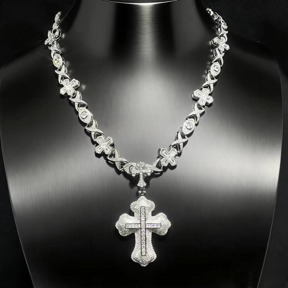 Moissanite New Style Hip Hop Baguette Square Iced Out Zircon White Gold Plated Cross Pendant for Men and Women Gift Fashion Jewelry