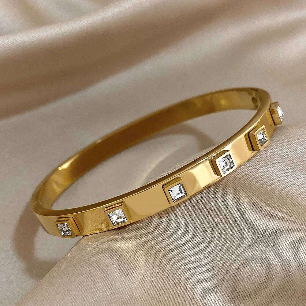 Fashion Square Zircon Cuff Bracelets Bangles for Women Glossy Smooth Gold Plated Stainless Steel Stackable Wristband Jewelry XJ260127