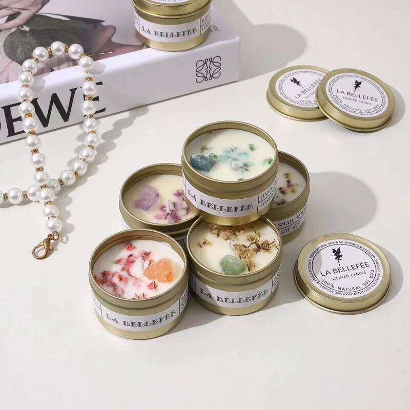 1PC Crystal Stone Aromatherapy Plant Essential Oil Soybean Iron Can Candle Dry Flower Y260127