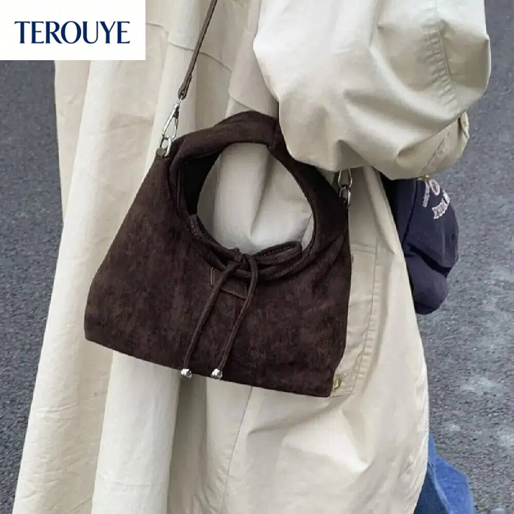 TEROUYE Korean style niche suede design bow handbag autumn and winter new retro luxury armpit bag women's shoulder bag fashion trend