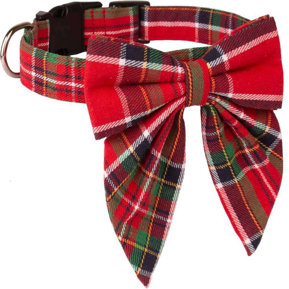 Bow Collar Adjustable & with Cotton Red Green Plaid Bowtie Dog Christmas Collars for Small Medium Large Dogs Pets pet supplies