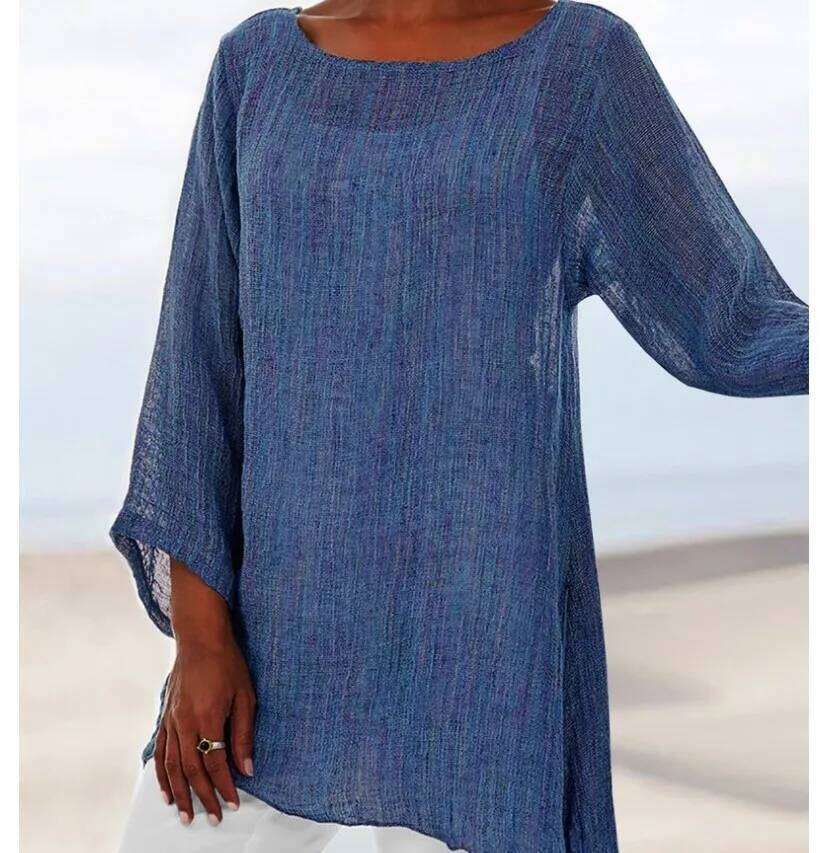 Hot Blouse Women Solid Color Cotton Linen O-Neck Long Sleeve Irregular Tunic Top Spring Summer Oversized Shirts