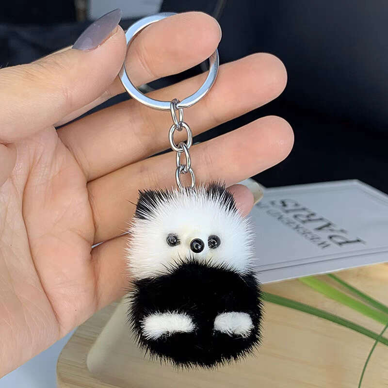 Cute Real Mink Fur Little Panda Car Keychain Pendant Plush Doll Backpack Decoration Small Gift S260126 00a