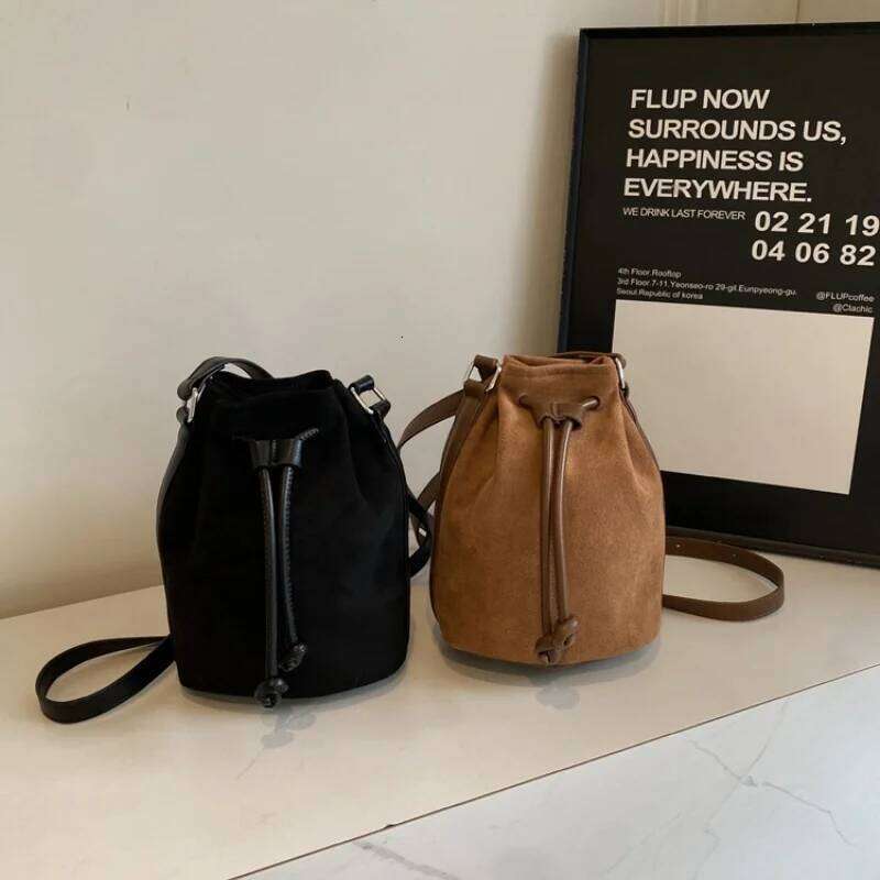 Suede Phone Bag For Women Autumn Winter Drawstring Brown Crossbody Bags Retro Versatile Commuting Mini One Shoulder Purse