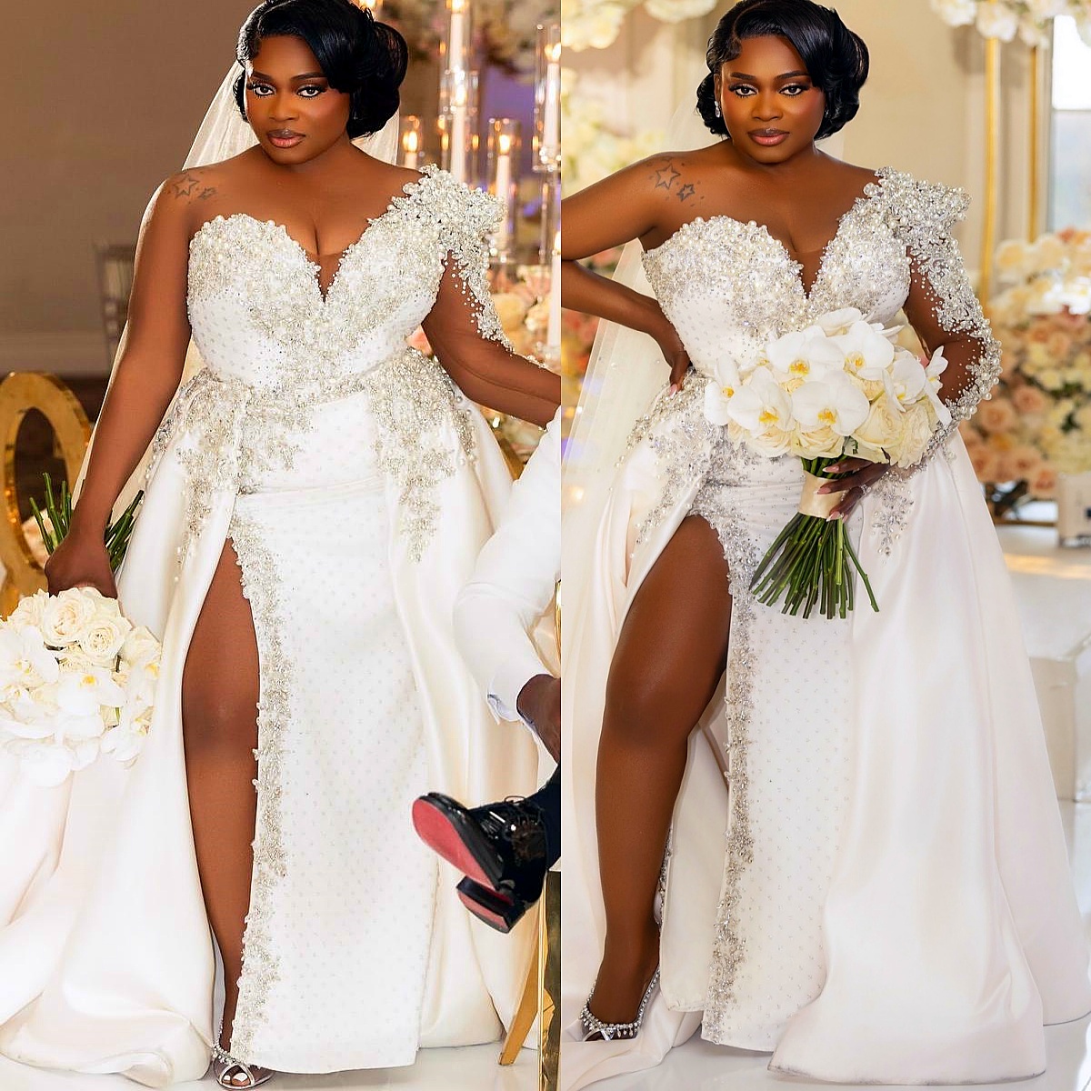 African Aso Ebi 2026 Ivory Sheath Wedding Dress One Shoulder Appliques Crystals Satin High Split Detachable Train Vintage Bridal Gowns Dresses ZJ2372
