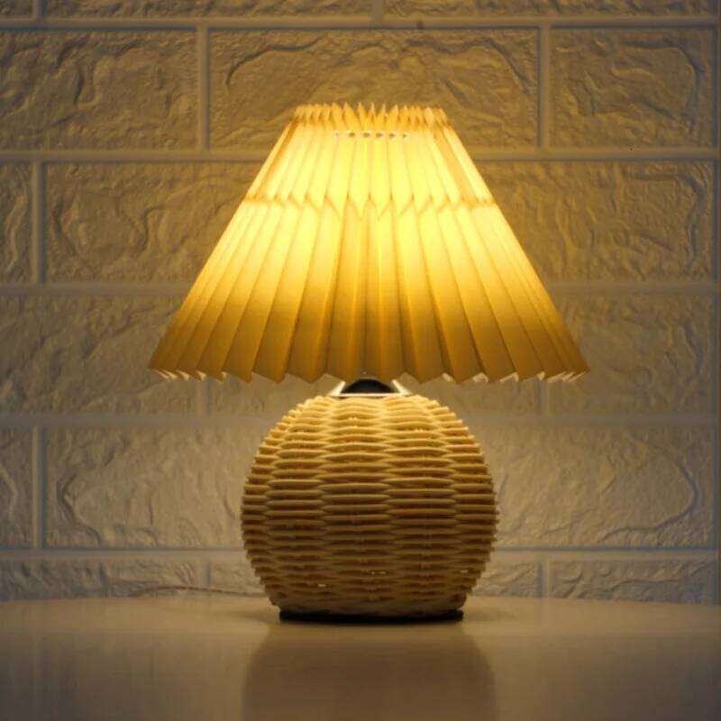 AC or DC Powered Vintage Rattan Table Lamp Pleated Fabric Lampshade E27 Tricolored Bulb Cute LED Desk Light for Bedroom Study Z260127