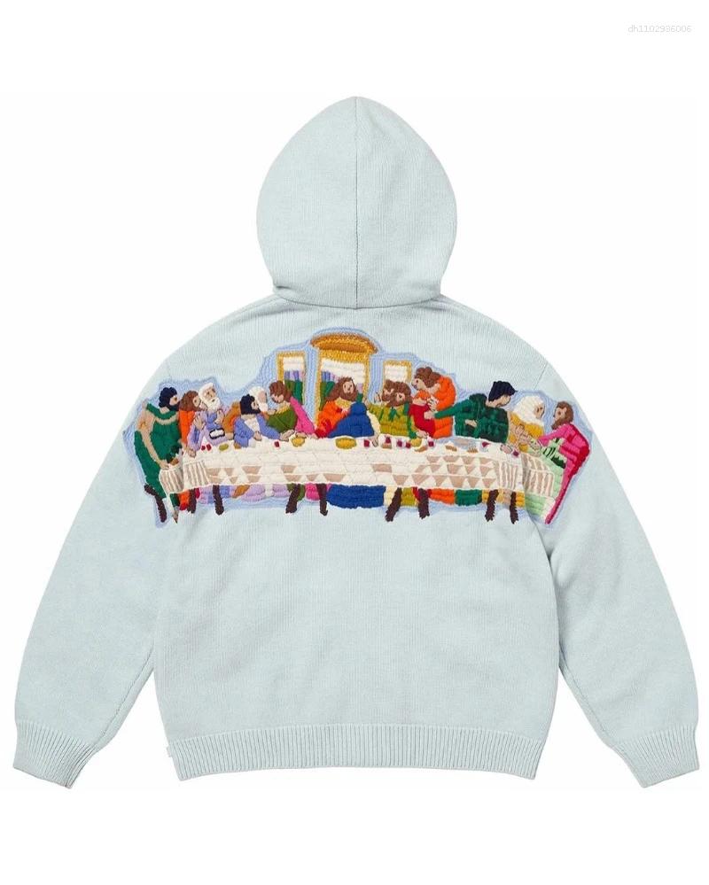 Men's Hoodies Zip Up Hoodie Fashion Harajuku Embroidered The Last Supper Pattern Oversized Sweatshirt Goth Personality Hip Hop