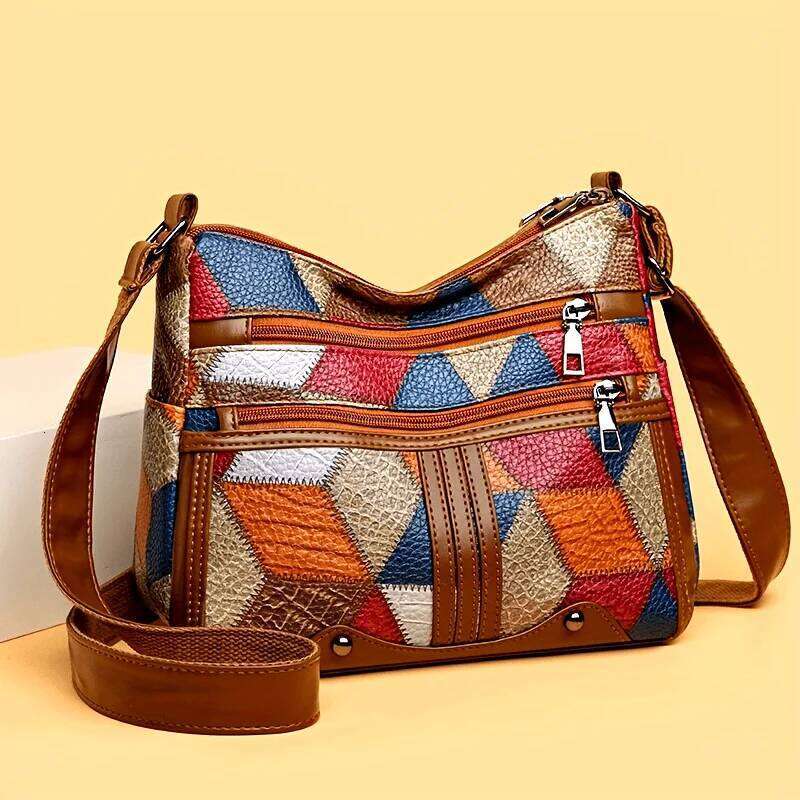 Women Geometric Pattern Synthetic Leather Crossbody Shoulder Bag Adjustable Strap Multi Color Options for Daily Use Work Travel