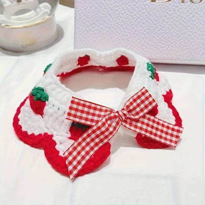 Strawberry Plaid Pet Bib, Soft Polyester Bow Tie With Ruffle Edge, Adjustable Strap For Cats Dogs All Sizes