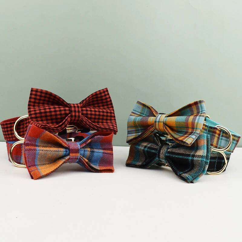 Plaid Collar Designer With Bow Tie Custom Dog Accessories Luxury Pet collar leash set