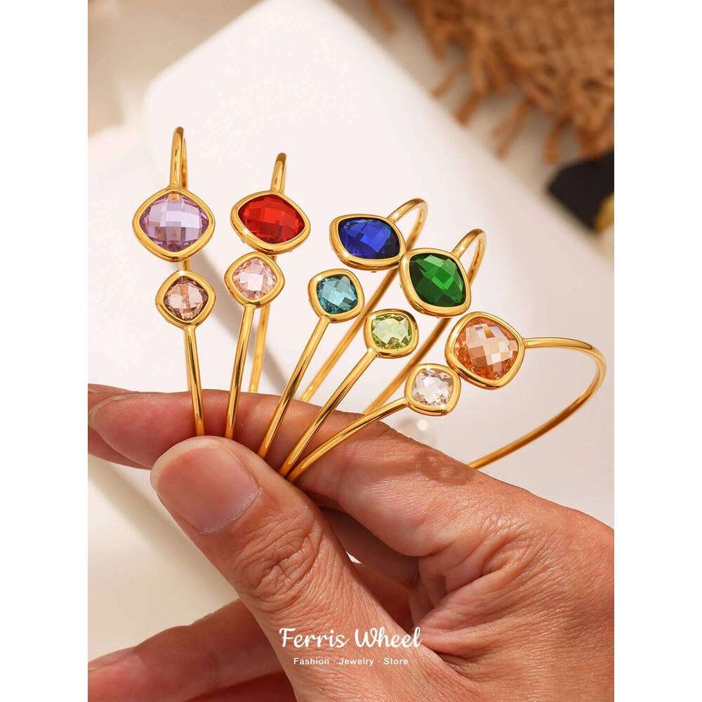 Ferris Wheel Unique Stainless Steel Bracelet for Women Luxury Square Czech Glass Gold Plated Cuff Open Bangle Charm Jewelry XJ260127