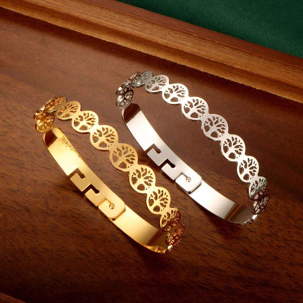 Stainless Steel Tree of Life 162 Bangle Bracelet Golden Plated Adjustable Open Cuff Jewelry Hypoallergenic Gift for Her Women XJ260127