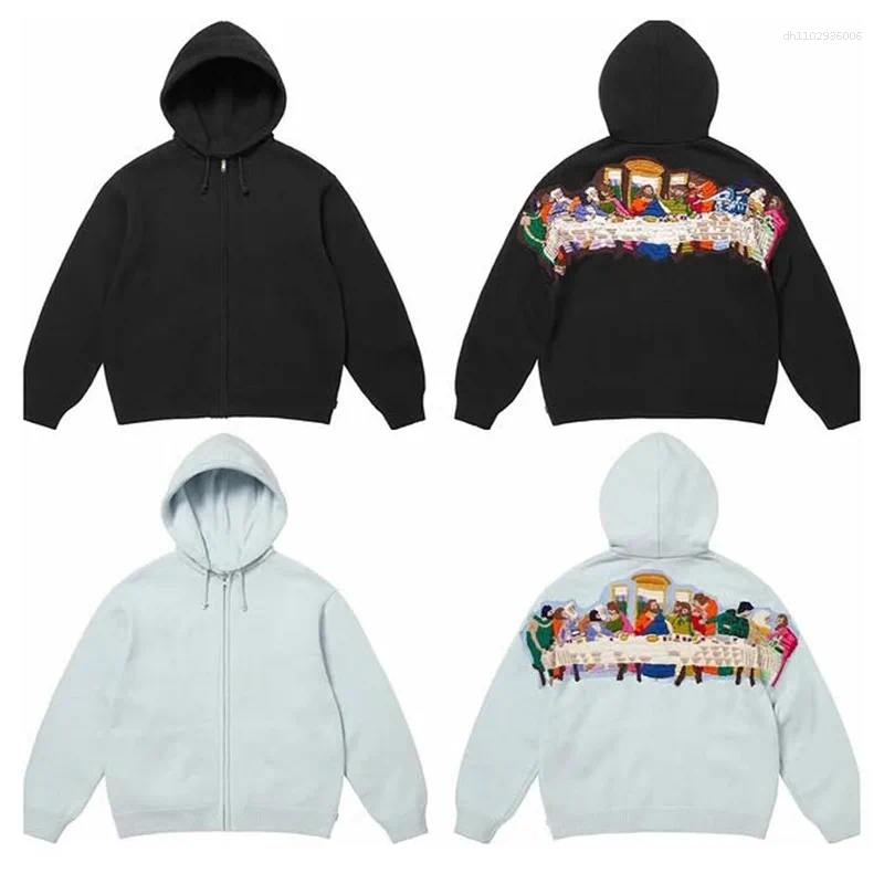 Men's Hoodies Zip Up Hoodie Fashion Harajuku Embroidered The Last Supper Pattern Oversized Sweatshirt Goth Personality Hip Hop