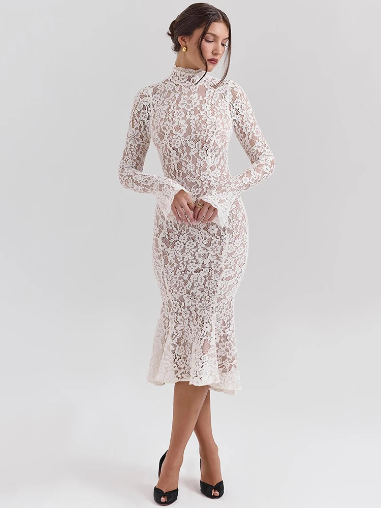 Mozision Lace Long Sleeve Sexy Midi Dress For Women Elegant White Half High Collar Waist Bodycon Club Party 260120