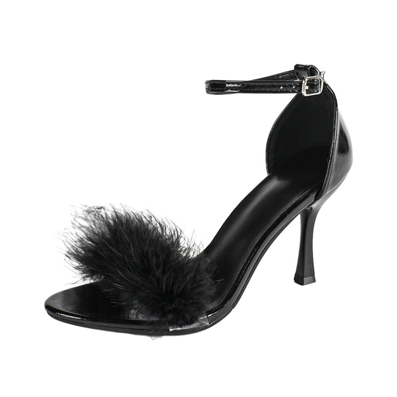 Summer Sandals European Black Banquet With Sexy Mink Hair Sandals Women High Heels 250113