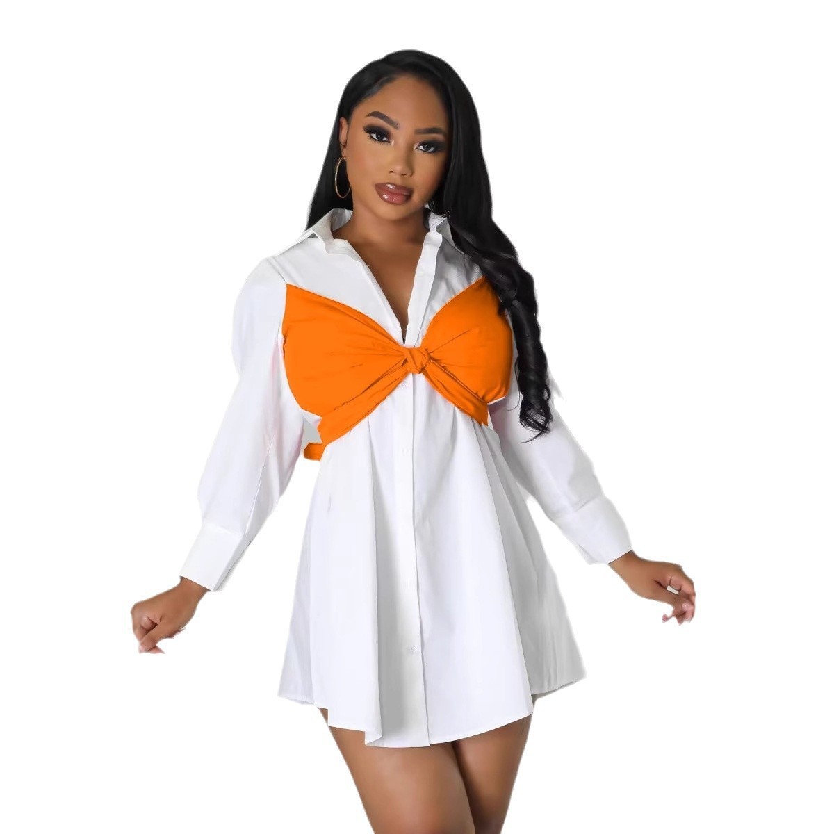 Plus Size Autumn Mini Shirts Dress Women Bow Fashion Patchwork Long Sleeve Ladies Dresses Pleated Ruffle Office Woman Dress 240806